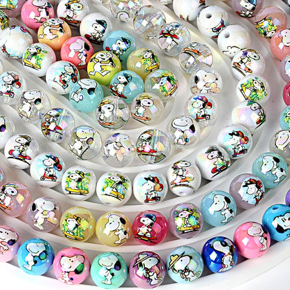 100Pcs 16mm acrylic double-sided printing Snoopy straight hole round beads DIY mobile phone chain beaded jewelry accessories loose beads