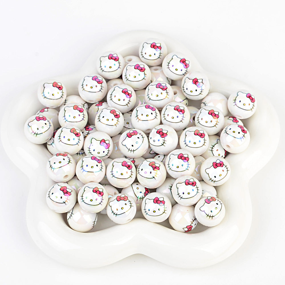 100Pcs printed Sanrio Hello Kitty hallo KT straight hole round beads DIY jewelry loose beads mobile phone chain bead pen accessories