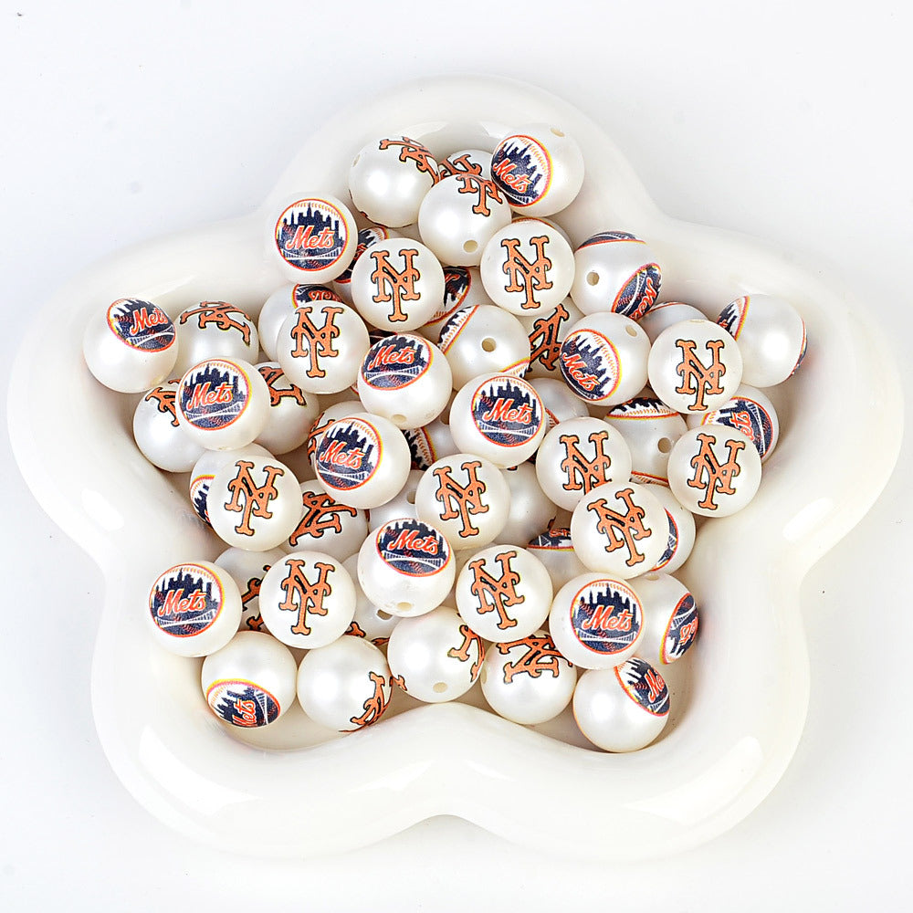 100Pcs 16mm frosted printing MLB baseball league round beads loose beads DIY bead pen car hanging baseball team accessories