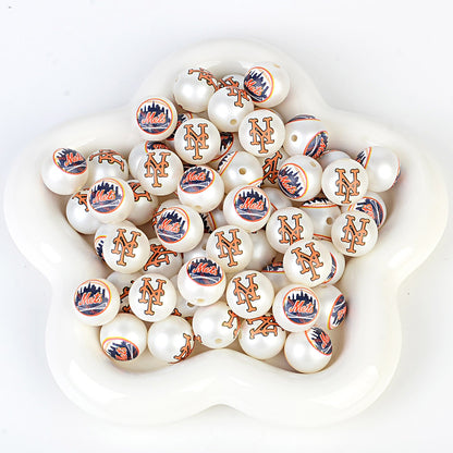 100Pcs 16mm frosted printing MLB baseball league round beads loose beads DIY bead pen car hanging baseball team accessories