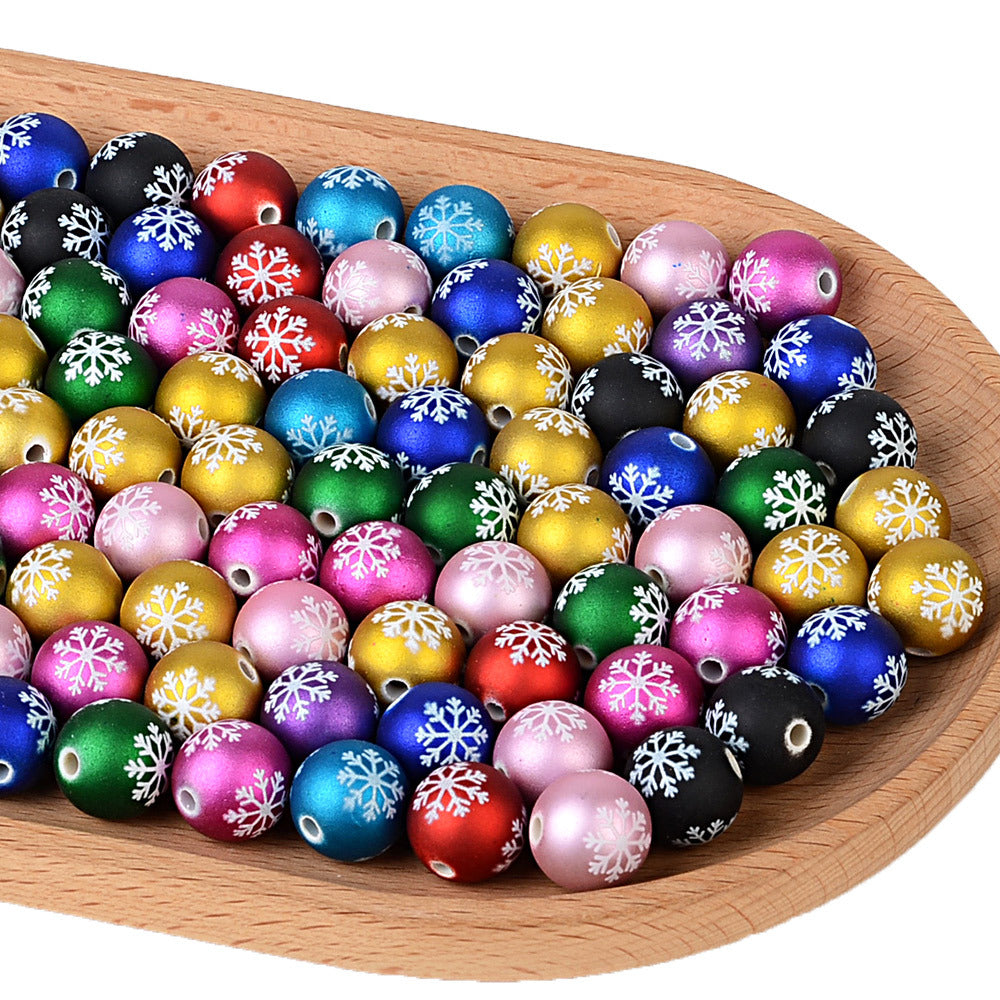 100Pcs matte feel paint Christmas series three-sided printing snowflake straight hole round bead DIY jewelry mobile phone chain bead pen accessories