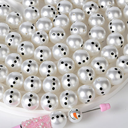 100Pcs anti-pearl printing Christmas two snowman straight hole round beads DIY mobile phone rope keychain bead pen accessories