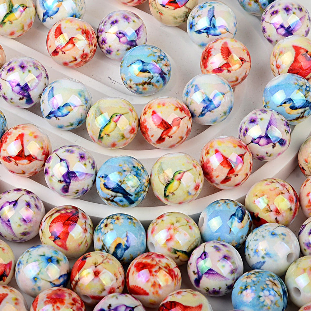 100Pcs UV printed magpie bird acrylic hummingbird pattern beads DIY handmade bracelet necklace beaded material wholesale