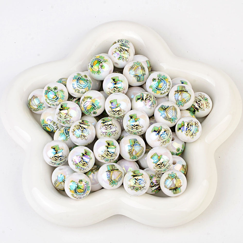 100Pcs 16mm acrylic printing four-leaf clover through-hole round beads DIY Douyin live broadcast mobile phone rope keychain pen accessories