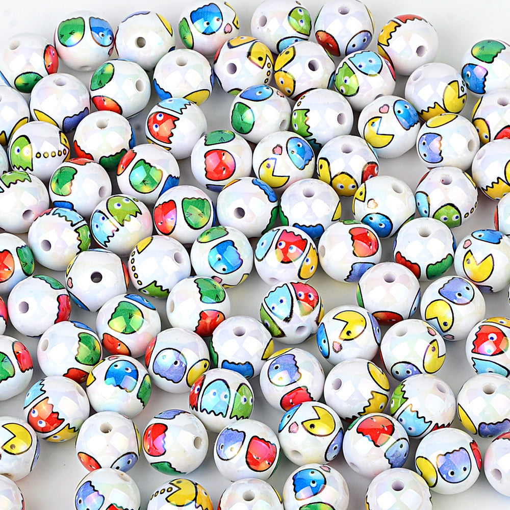 100Pcs 16mm printed Pac-Man cartoon straight hole round beads DIY Douyin live broadcast mobile phone rope keychain pen accessories