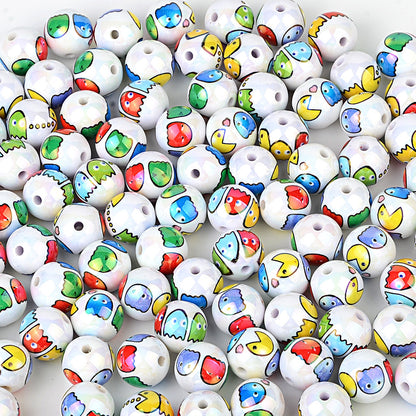 100Pcs 16mm printed Pac-Man cartoon straight hole round beads DIY Douyin live broadcast mobile phone rope keychain pen accessories