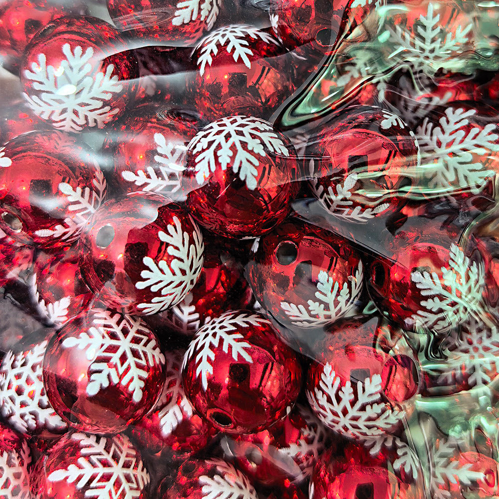100Pcs 16mm metallic Christmas series snowflake printing round beads DIY handmade beaded loose beads mobile phone chain accessories