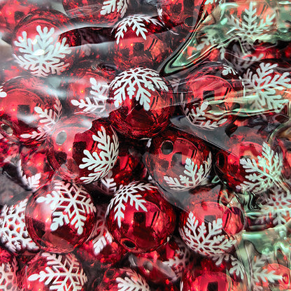 100Pcs 16mm metallic Christmas series snowflake printing round beads DIY handmade beaded loose beads mobile phone chain accessories