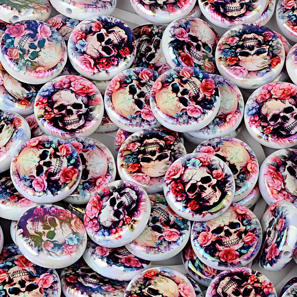100Pcs Double-sided Printing Rose Surround Skull Round Piece Vertical Hole Beads DIY Mobile Phone Rope Keychain Chain Pen Accessories