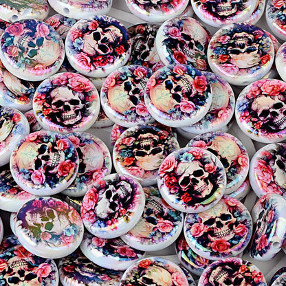 100Pcs Double-sided Printing Rose Surround Skull Round Piece Vertical Hole Beads DIY Mobile Phone Rope Keychain Chain Pen Accessories