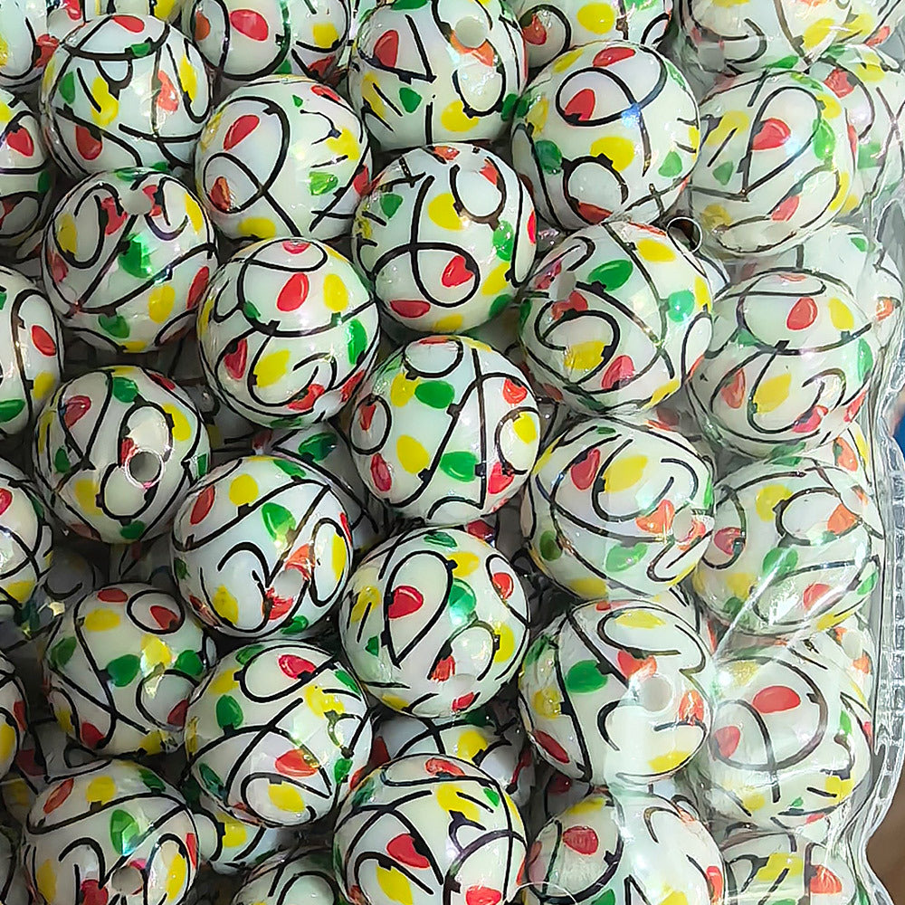100Pcs 16mm Christmas acrylic printing striped spiral through hole beads DIY bead pen mobile phone chain accessories loose beads