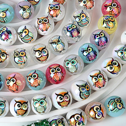 100Pcs 16mm acrylic solid color printing owl straight hole round bead DIY bead pen mobile phone chain pendant accessories