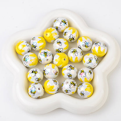 20Mm printed cartoon bee series straight hole round beads DIY printed round beads loose beads bead pen accessories
