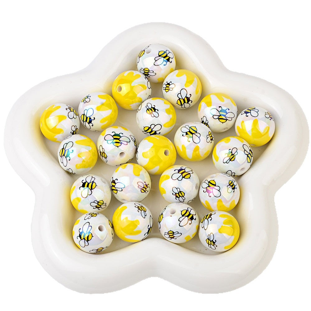 20Mm printed cartoon bee series straight hole round beads DIY printed round beads loose beads bead pen accessories