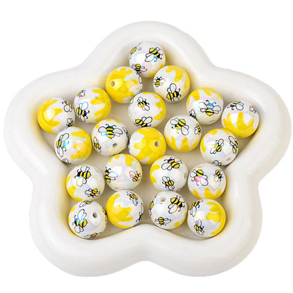 20Mm printed cartoon bee series straight hole round beads DIY printed round beads loose beads bead pen accessories