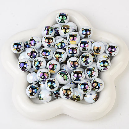100Pcs 16mm acrylic solid color printing cartoon small black cat straight hole round beads DIY Douyin live broadcast mobile phone rope jewelry beads
