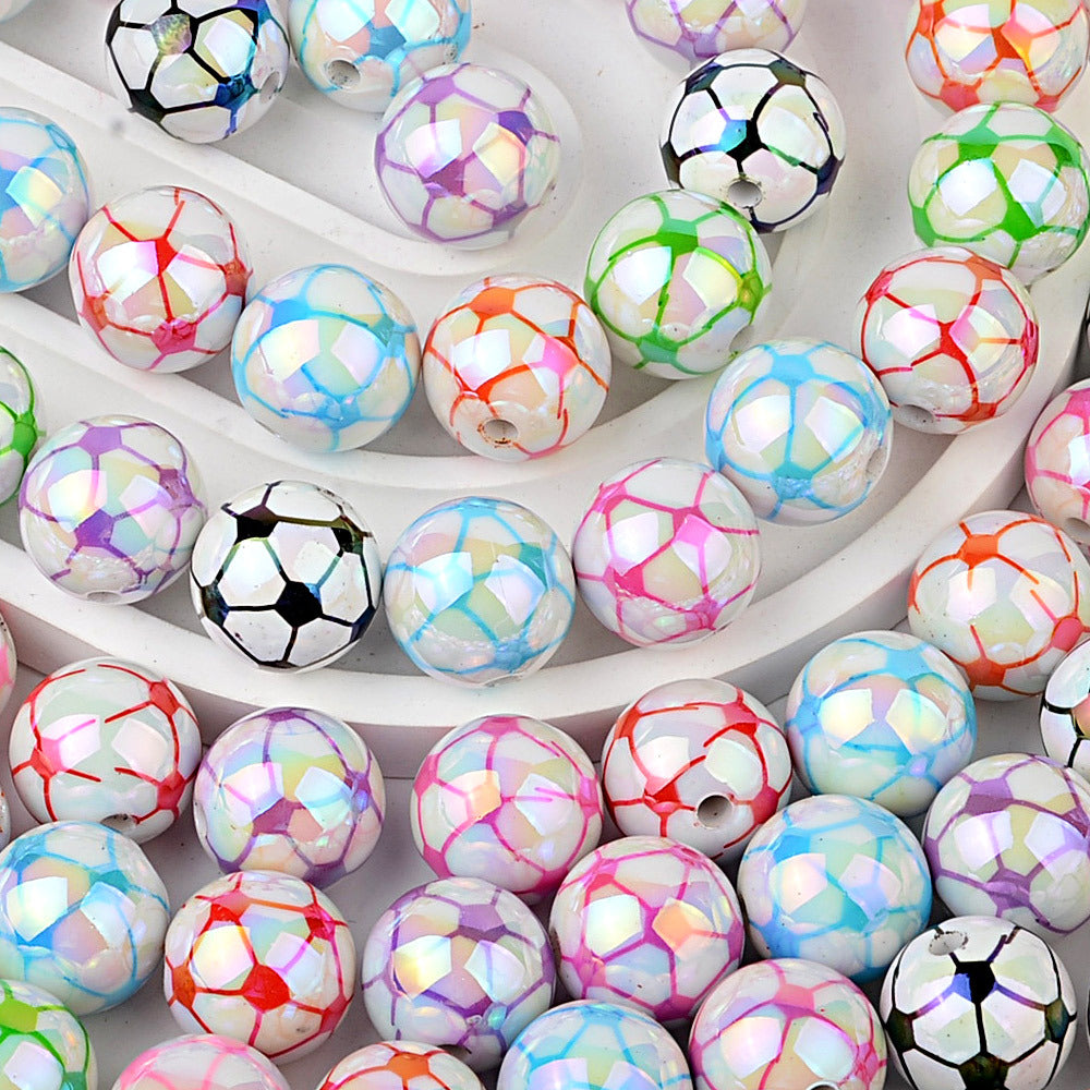 100Pcs 16MM color-plated printed football straight-hole beads DIY jewelry mobile phone chain beaded keychain bag chain accessories