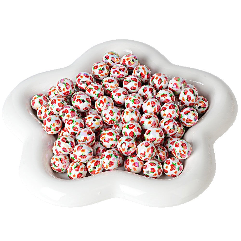 100Pcs 16mm acrylic beaded printed strawberry round beads DIY mobile phone rope keychain accessories jewelry material wholesale