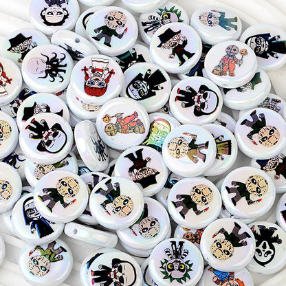 100Pcs 24mm Printed Halloween Killer Character Vertical Hole Flat Bead DIY Douyin Live Mobile Phone Rope Keychain