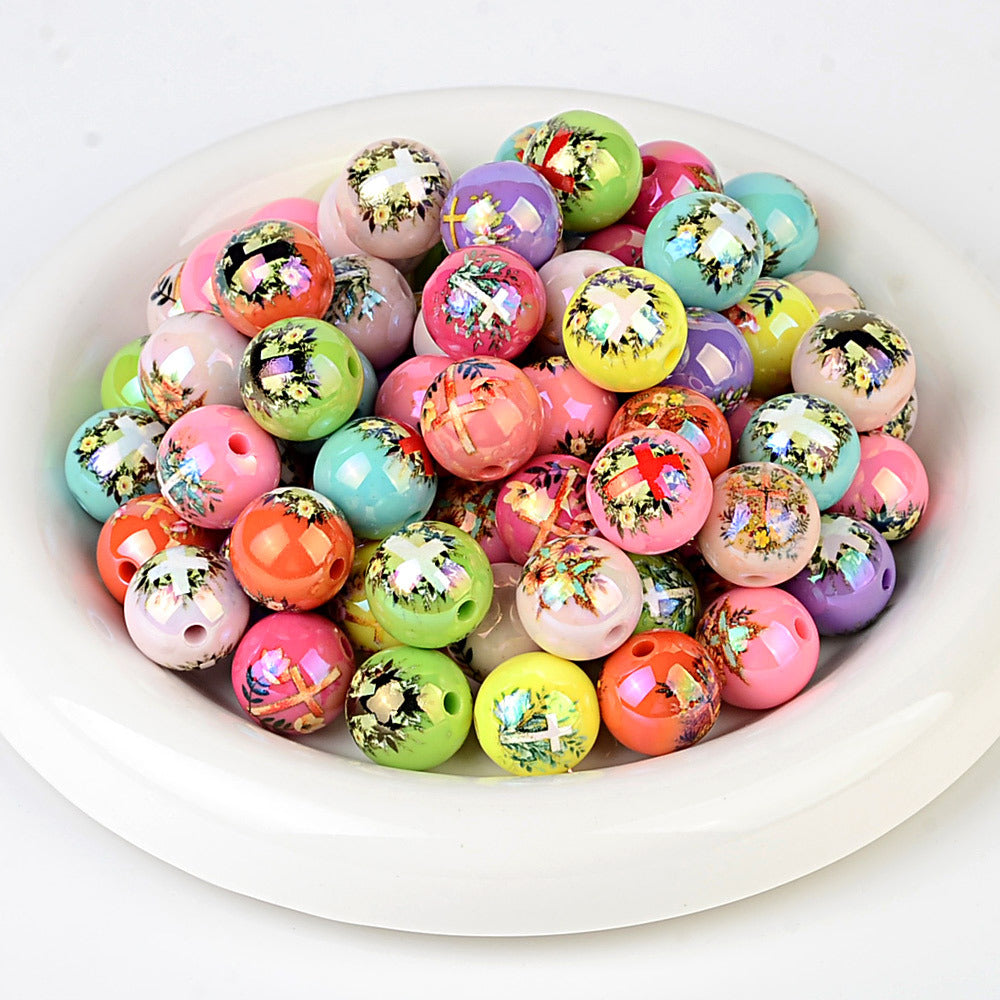 100Pcs new printed cross beaded fashionable versatile acrylic round beads high value DIY mobile phone chain printed loose beads