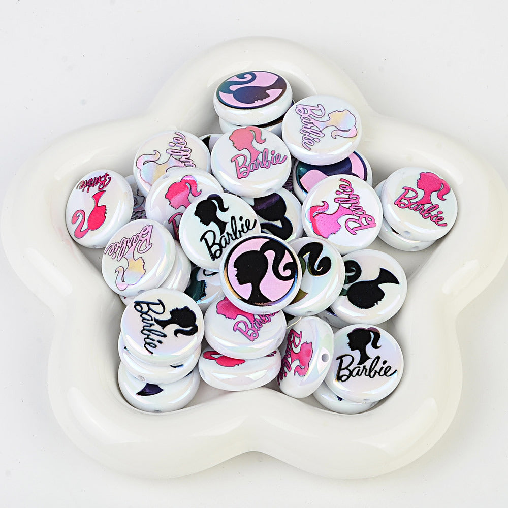 100Pcs UV plated color printing Barbie Barbie avatar straight hole round beads DIY mobile phone rope necklace jewelry loose bead accessories