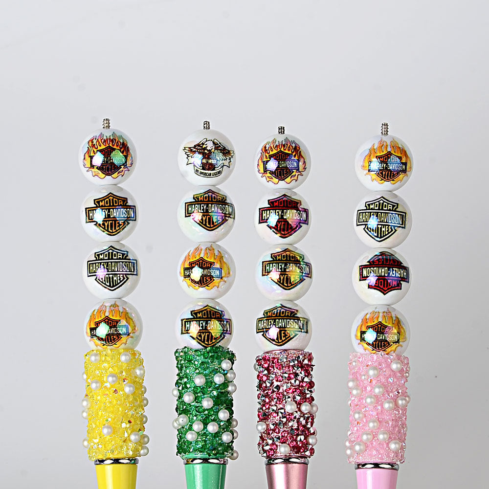 100Pcs 16mm acrylic printed Harley shield straight hole round beads DIY mobile phone chain bead pen hanging accessories