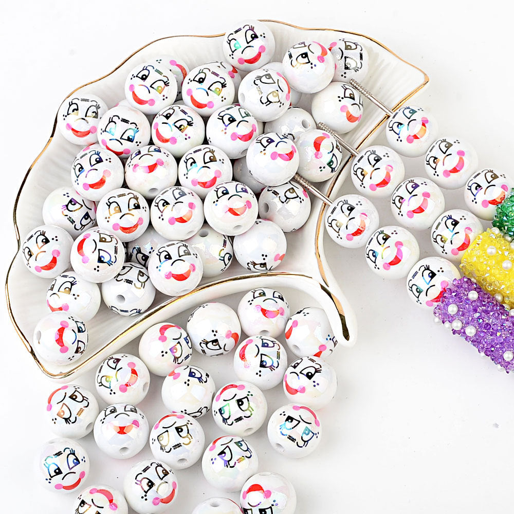 100Pcs new funny expression printed beads smiley eyes cartoon beaded DIY bracelet keychain loose beads beaded wholesale