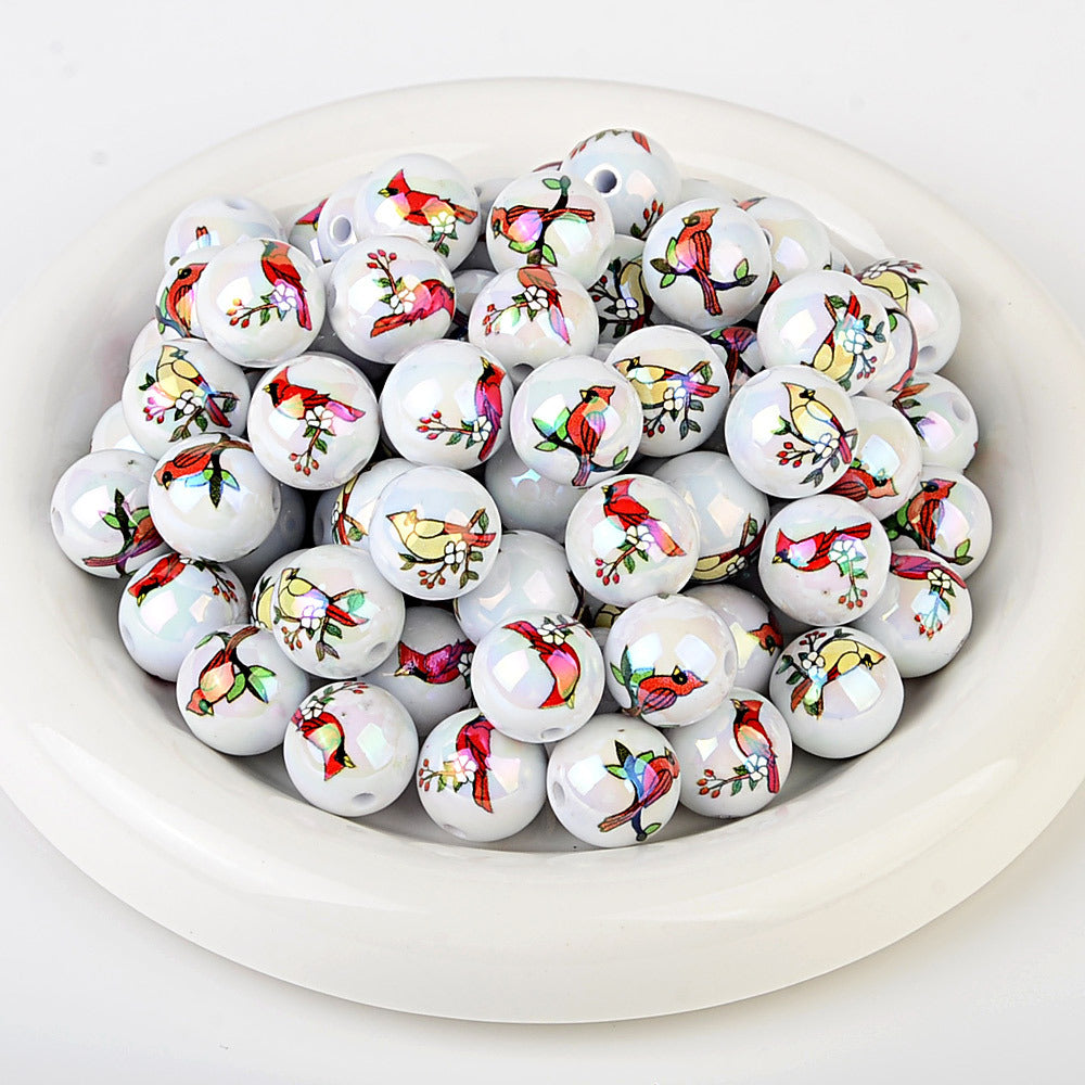 100Pcs UV printed magpie bird acrylic hummingbird pattern beads DIY handmade bracelet necklace beaded material wholesale