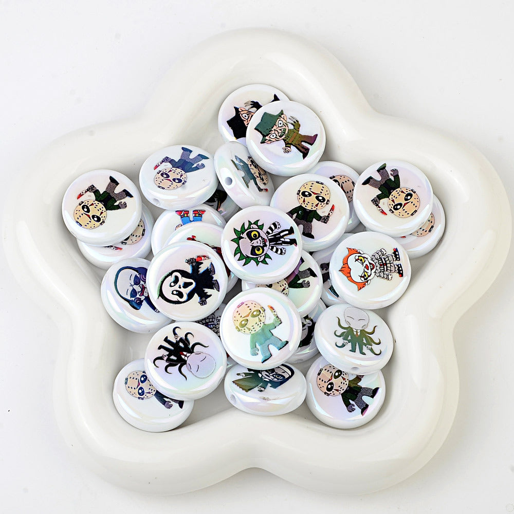 100Pcs 24mm Printed Halloween Killer Character Vertical Hole Flat Bead DIY Douyin Live Mobile Phone Rope Keychain