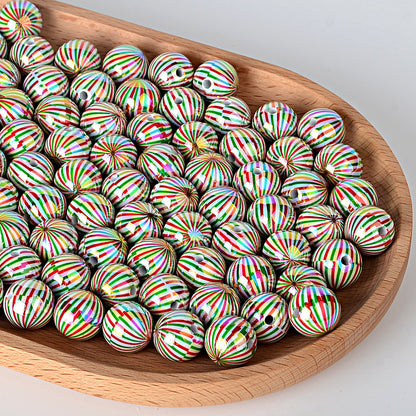 100Pcs 16mm acrylic Christmas color striped printed round beads DIY beaded mobile phone chain keychain loose beads wholesale