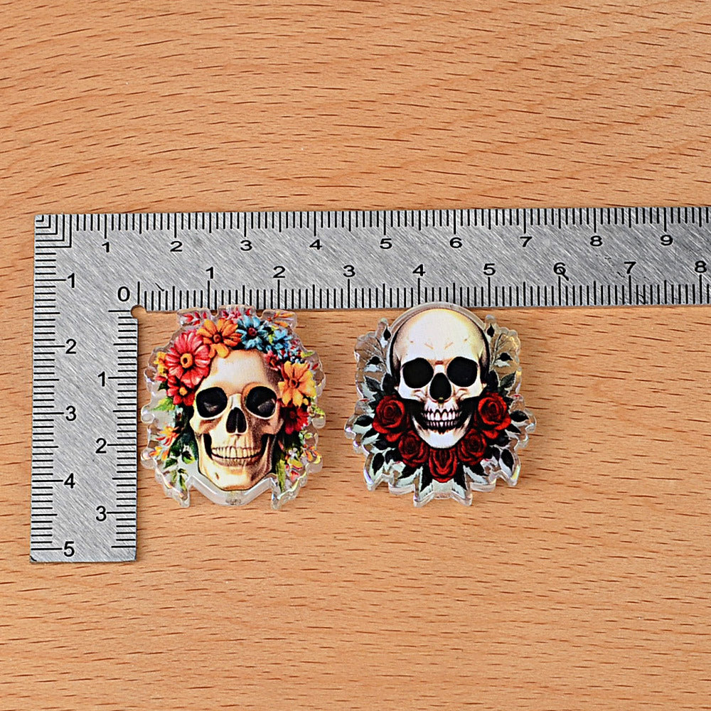 100Pcs Halloween printed acrylic dark flower skull piece beads DIY bead pen mobile phone chain keychain with