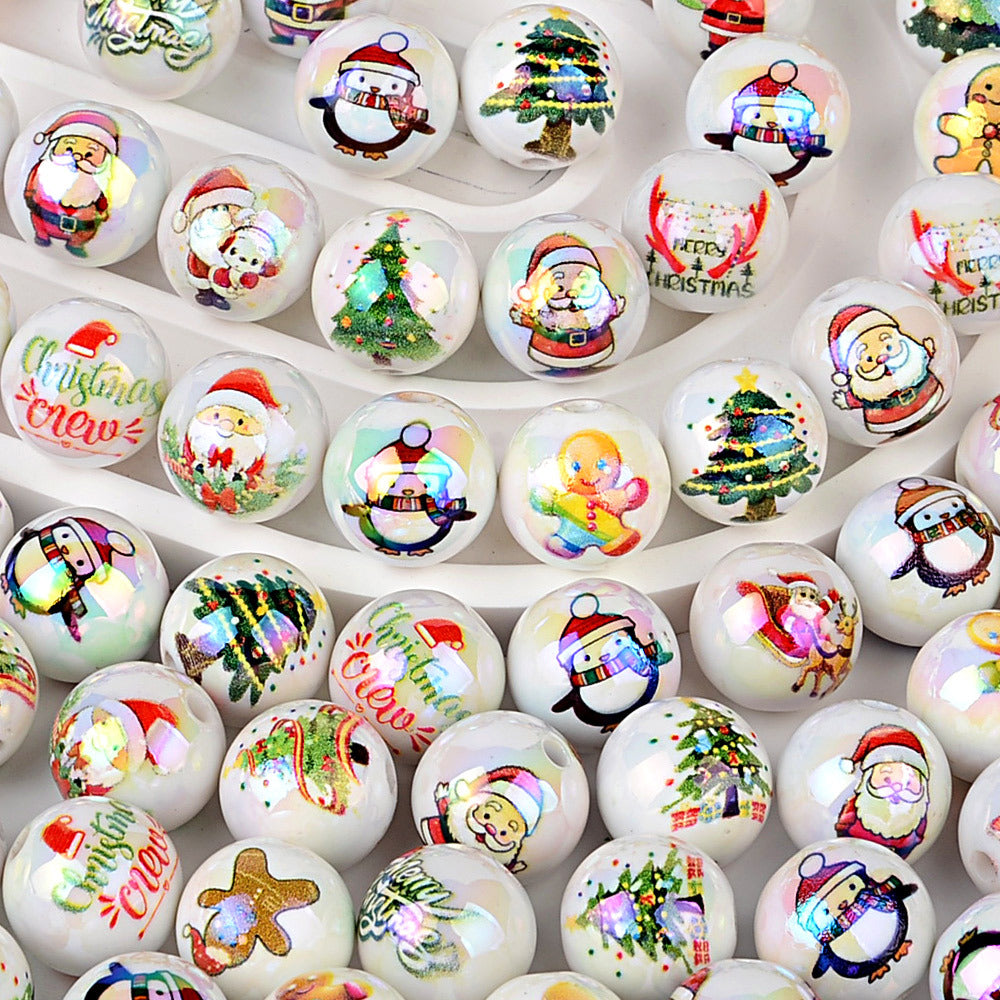 100Pcs Christmas elements printed round beads Santa Claus Christmas tree gingerbread man various acrylic beaded ornaments wholesale