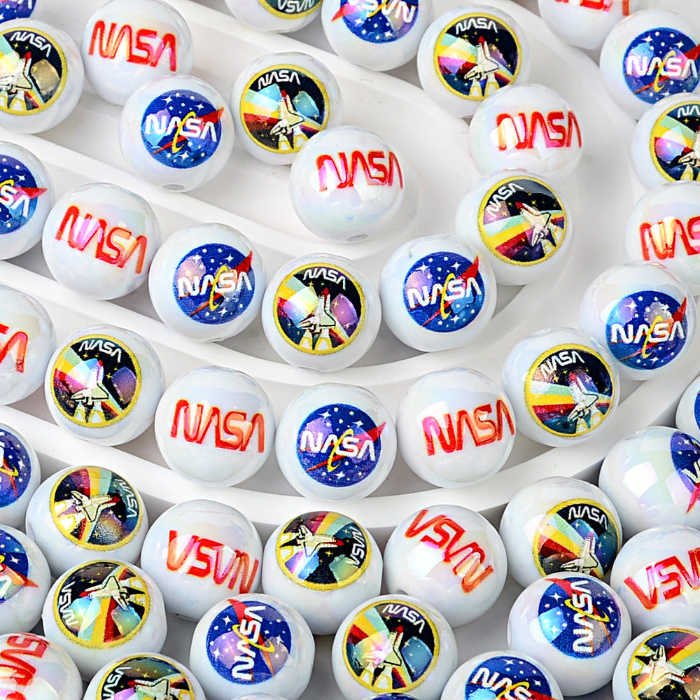 100Pcs cross-border hot NASA pattern printing round beads acrylic through-hole loose beads handmade beaded bracelet accessories wholesale