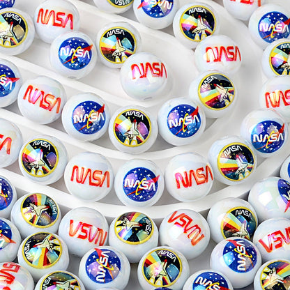 100Pcs cross-border hot NASA pattern printing round beads acrylic through-hole loose beads handmade beaded bracelet accessories wholesale