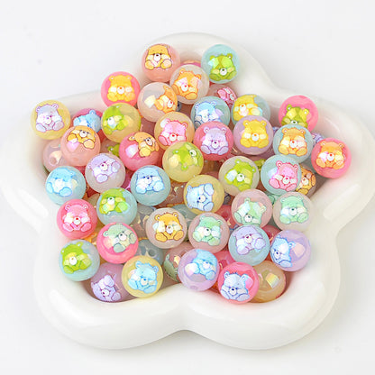 100Pcs Plated Color Printing Love Rainbow Bear Cartoon Round Cake Beaded DIY Pen Mobile Phone Chain Keychain Accessories