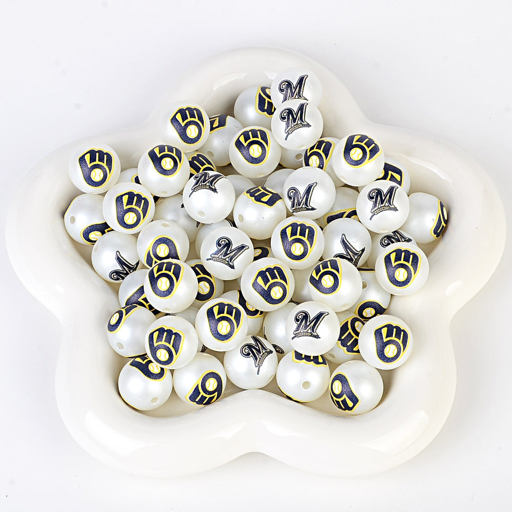 100Pcs 16mm frosted printing MLB baseball league round beads loose beads DIY bead pen car hanging baseball team accessories