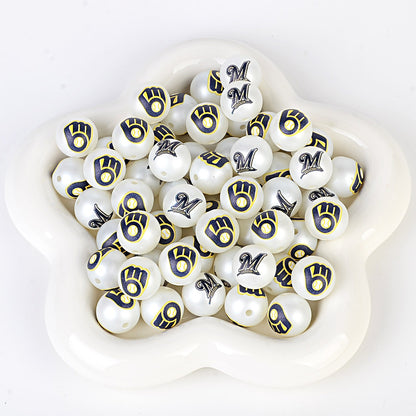 100Pcs 16mm frosted printing MLB baseball league round beads loose beads DIY bead pen car hanging baseball team accessories