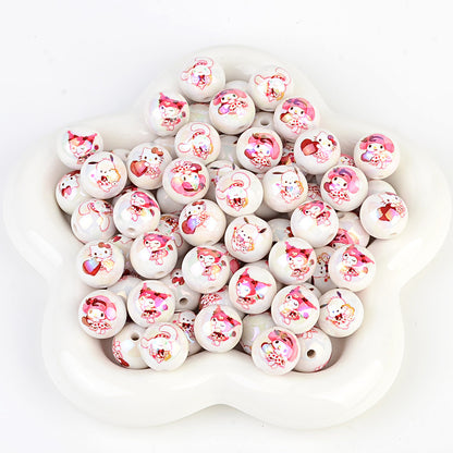 100Pcs printed Sanrio Hello Kitty hallo KT straight hole round beads DIY jewelry loose beads mobile phone chain bead pen accessories