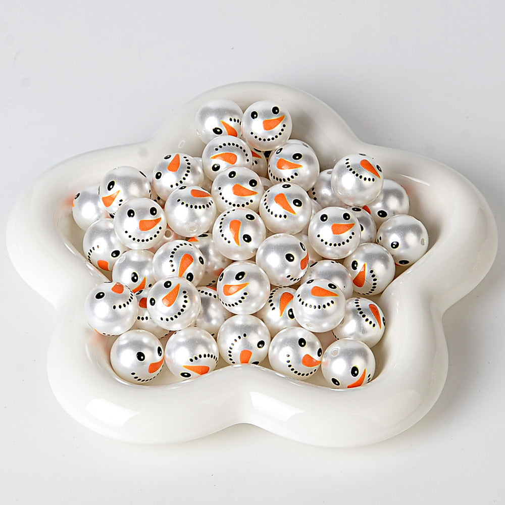 100Pcs anti-pearl printing Christmas two snowman straight hole round beads DIY mobile phone rope keychain bead pen accessories