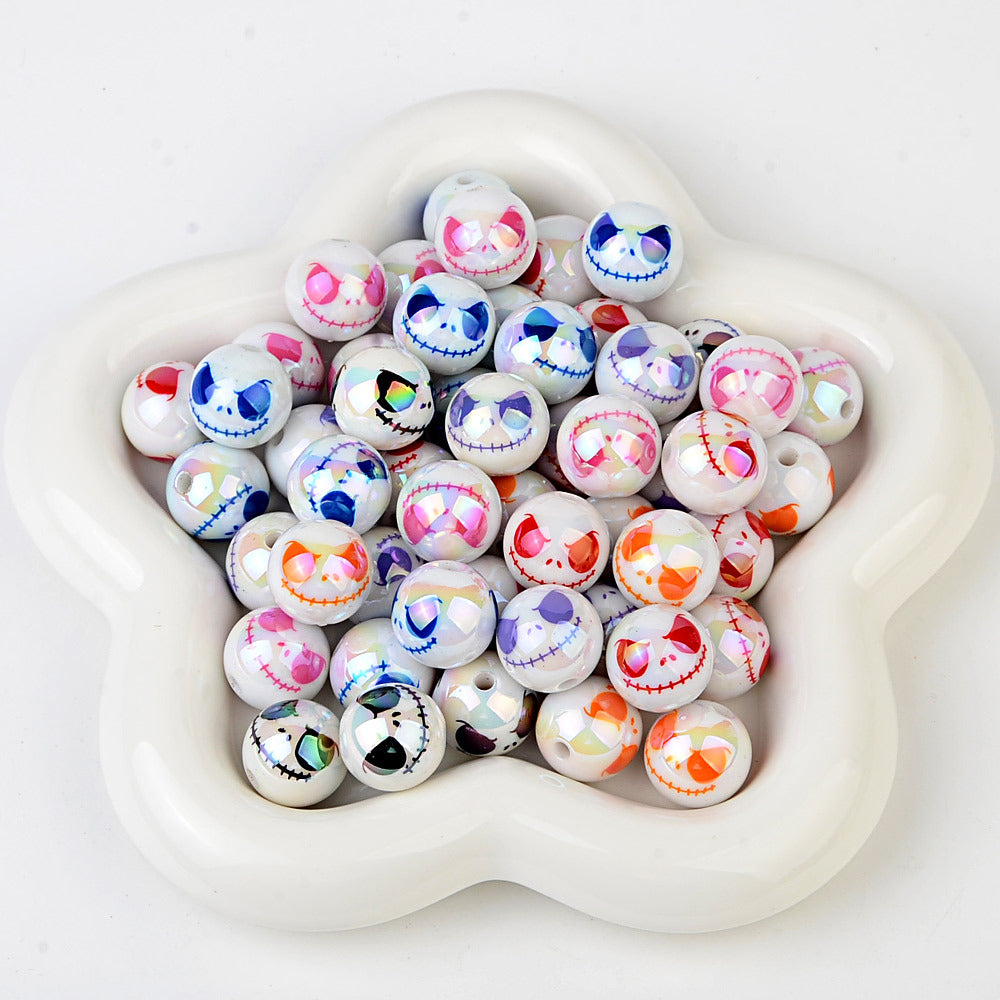100Pcs acrylic plated UV printing Halloween grimace round beads DIY mobile phone chain keychain accessories bead pen decorative beads