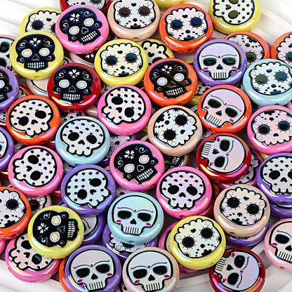 100Pcs 16mm double-sided printed skull through-hole loose beads can be handmade DIY material bracelet bracelet bead pen accessories