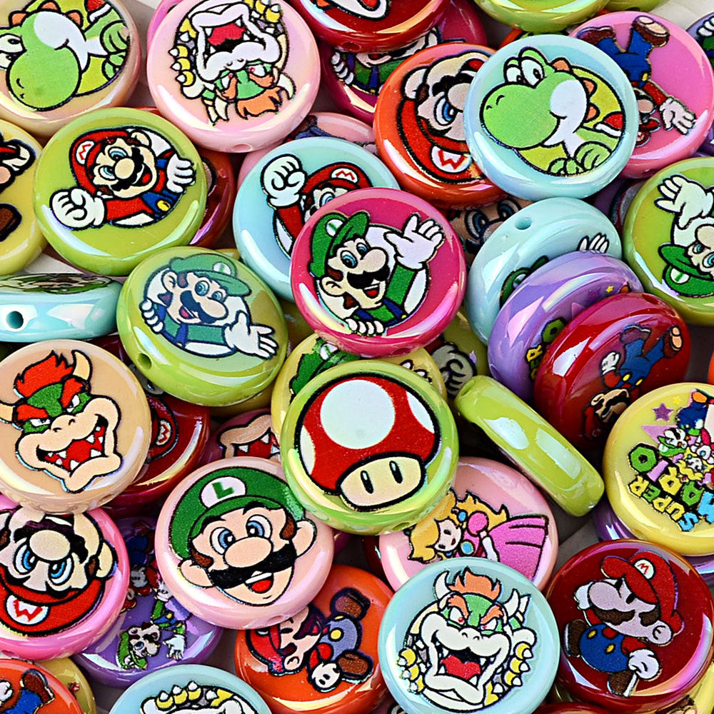 100Pcs 24mm round cake UV plated color Super Mary straight hole flat bead DIY handmade beaded mobile phone chain bag jewelry accessories