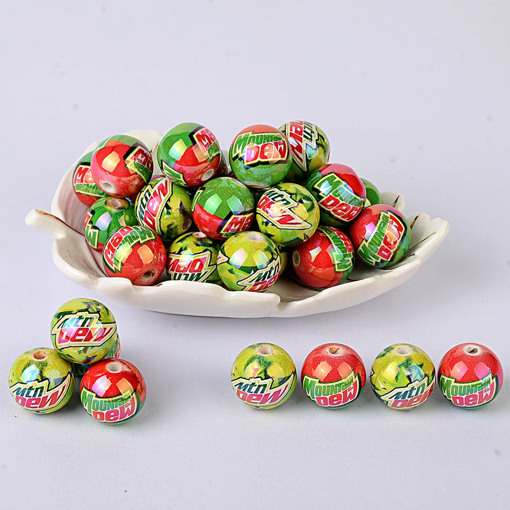 100Pcs American soda Mtn Dew printed acrylic round beads, straight hole loose beads DIY handmade jewelry accessories wholesale