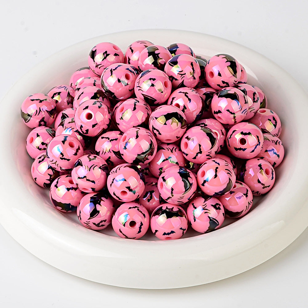 100Pcs acrylic UV plated colorful multi-color Halloween printing bat round beads DIY handmade string pen mobile phone chain accessories