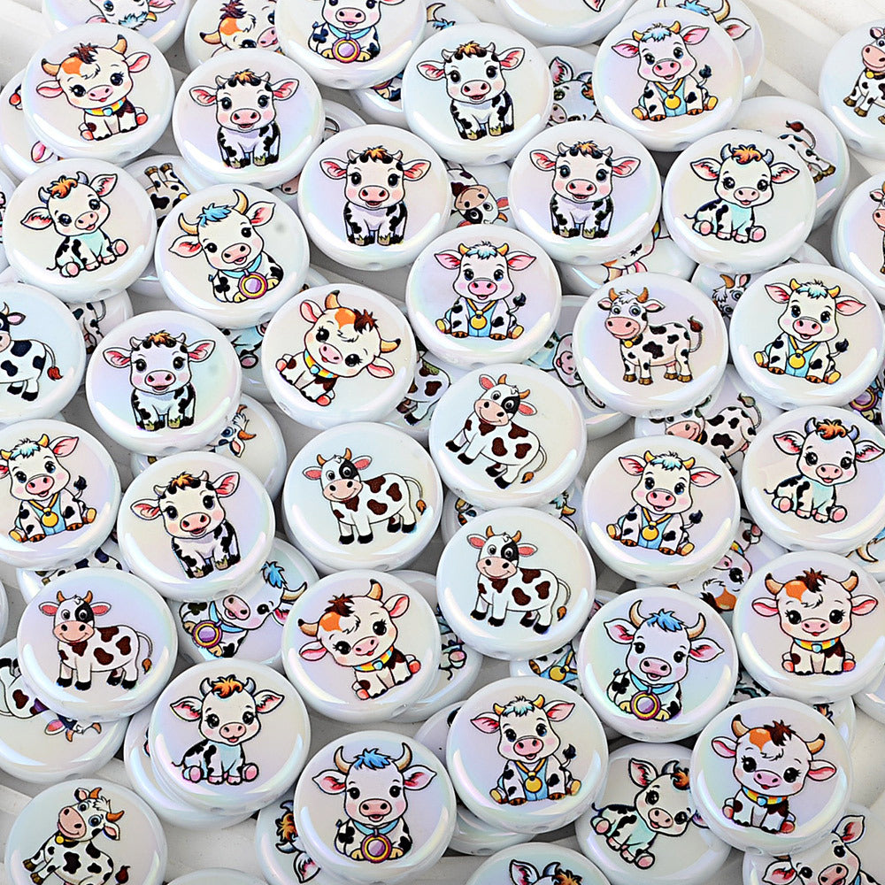 100Pcs acrylic personalized plated UV color printing cow round beads DIY handmade beaded loose bead string pen mobile phone chain jewelry accessories