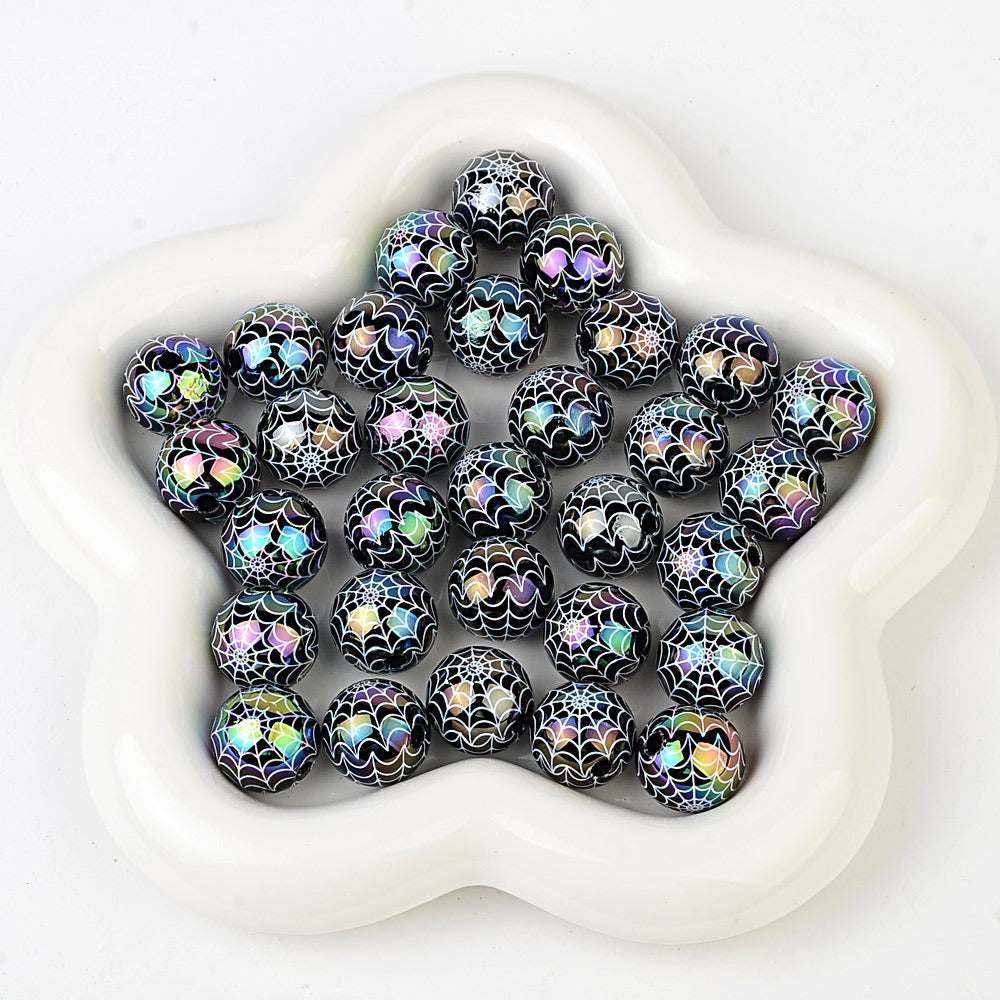 100Pcs 16mm acrylic plated color Halloween printing spider web straight hole round bead live broadcast DIY handmade beaded jewelry accessories