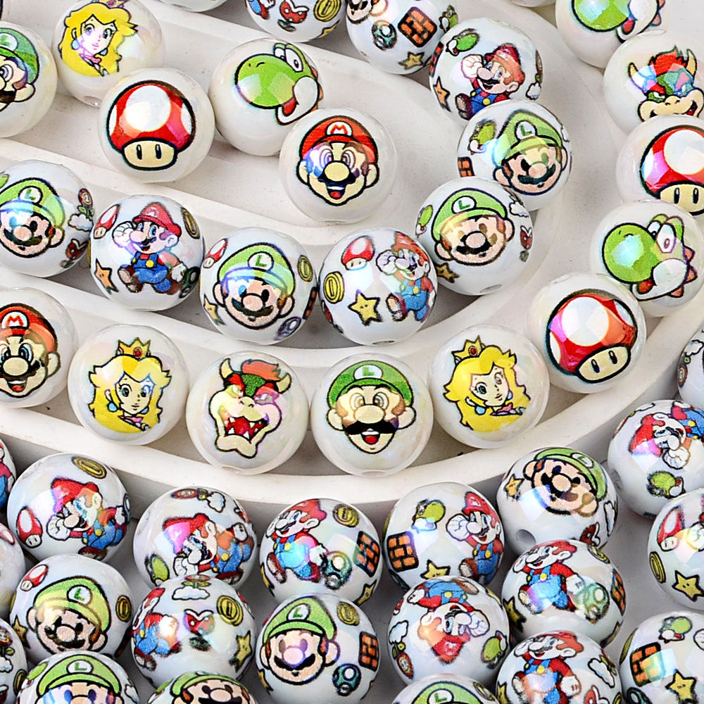 100Pcs 16mm acrylic cartoon Super Mario straight hole round beads DIY mobile phone rope keychain bead pen accessories