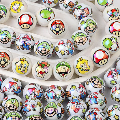 100Pcs 16mm acrylic cartoon Super Mario straight hole round beads DIY mobile phone rope keychain bead pen accessories