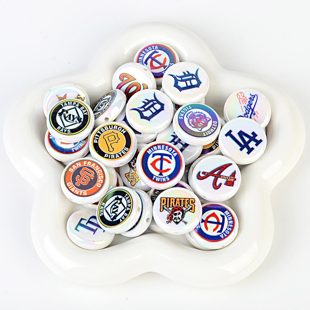 100Pcs 24mm American MLB Major Baseball League Printed Beaded Disc Beads DIY Handmade Pen Mobile Phone Chain Accessories