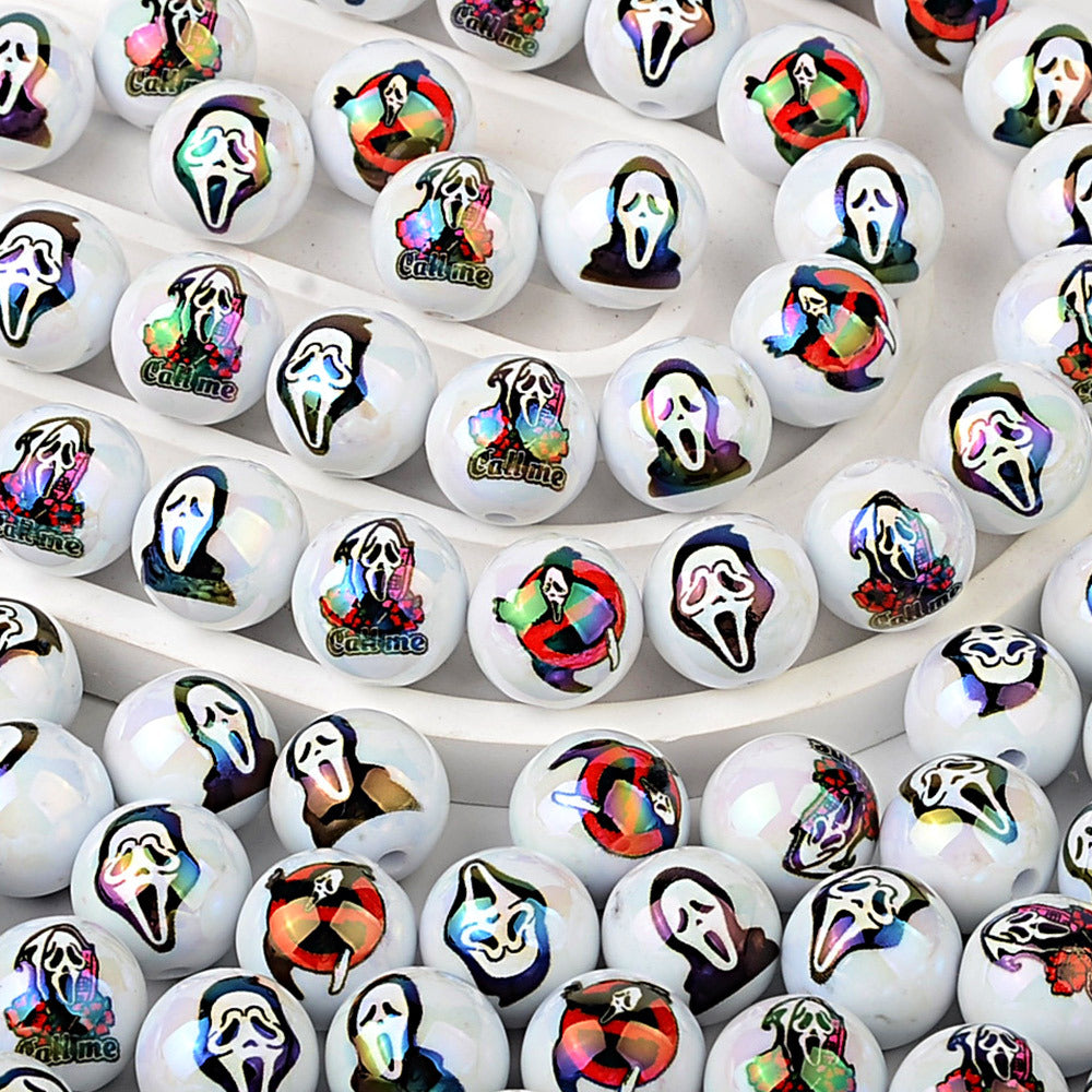 100Pcs 16mm Halloween grimace double-sided printed through-hole round beads DIY bead pen car hanging mobile phone chain loose bead accessories